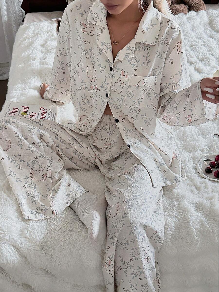 SHEIN CottageSlumber بيجامة بكم طويل وبنطلون بطبعة أرانب وزهور