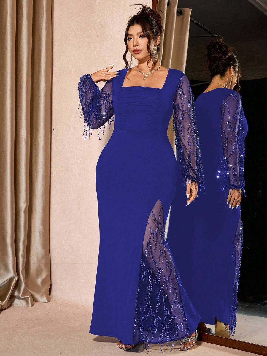 SHEIN Cravure فستان حفلات أزرق بياقة مربعة بشبكة لامعة وشق عالي
