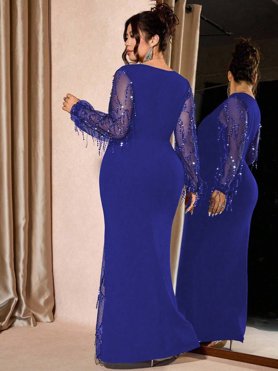 SHEIN Cravure فستان حفلات أزرق بياقة مربعة بشبكة لامعة وشق عالي