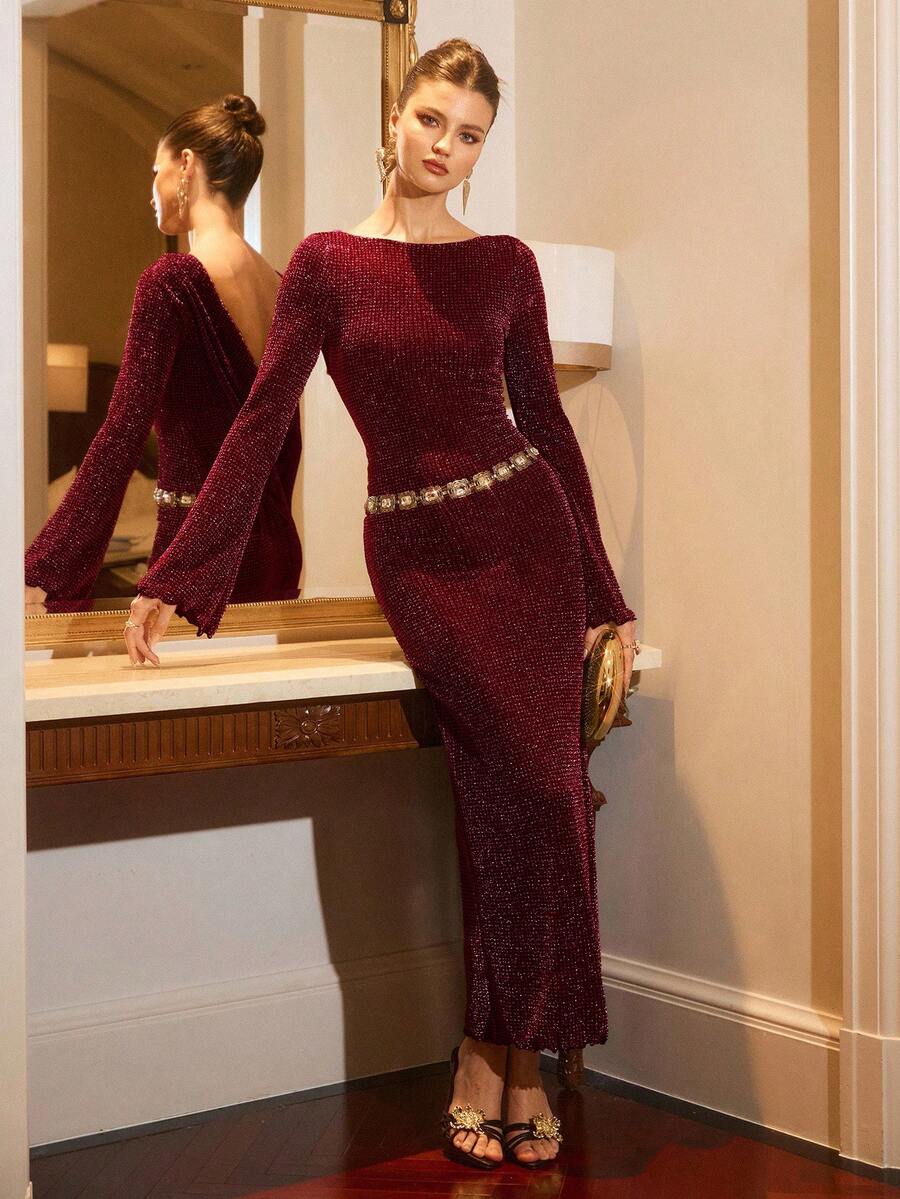 SHEIN Poéselle فستان عنابي ضيق بياقة منخفضة