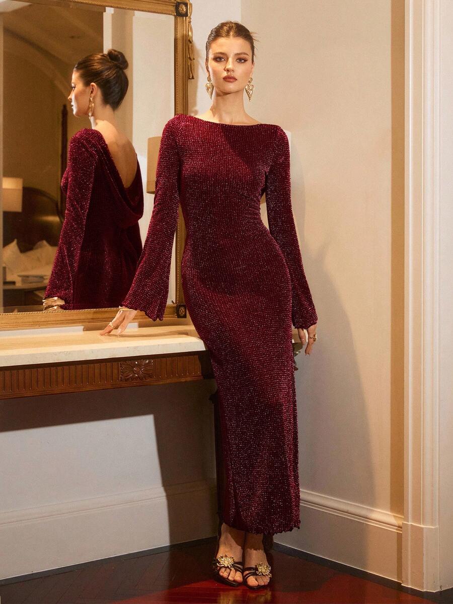 SHEIN Poéselle فستان عنابي ضيق بياقة منخفضة