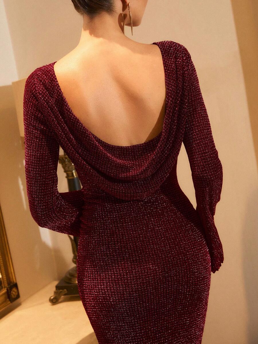 SHEIN Poéselle فستان عنابي ضيق بياقة منخفضة