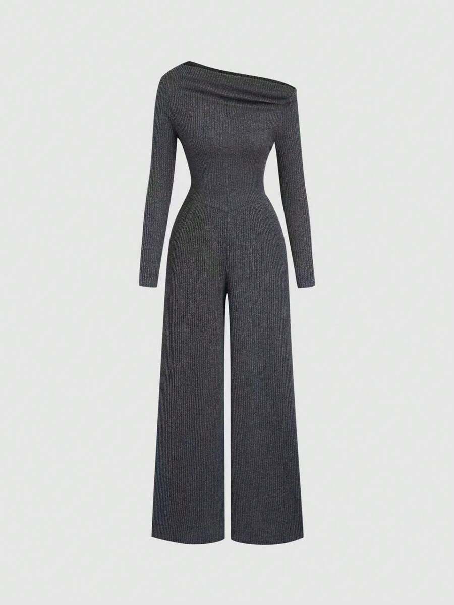 SHEIN FavEase جمبسوت كاجوال بخصر مطوي رمادي غامق