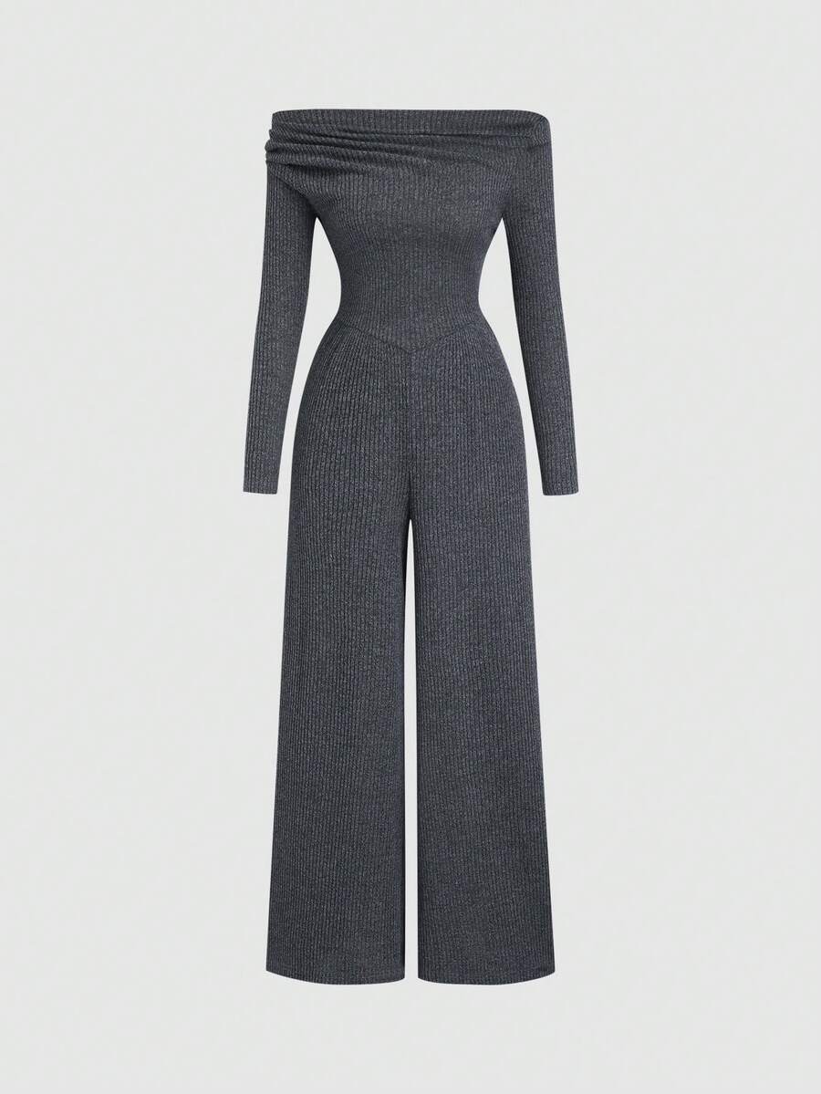 SHEIN FavEase جمبسوت كاجوال بخصر مطوي رمادي غامق