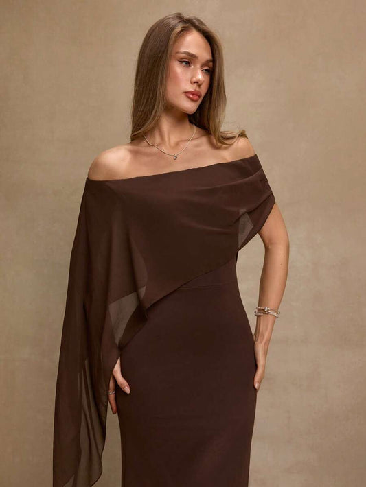 SHEIN BAE فستان بني أنيق بأكتاف مكشوفة وقصة مستقيمة