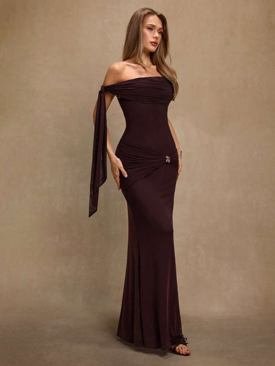 SHEIN BAE فستان عنابي بخصر مربوط بإبزيم معدني