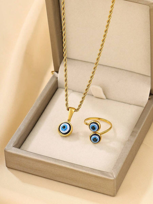 SHEIN طقم قلادة وخاتم عين شريرة ستانلس ستيل