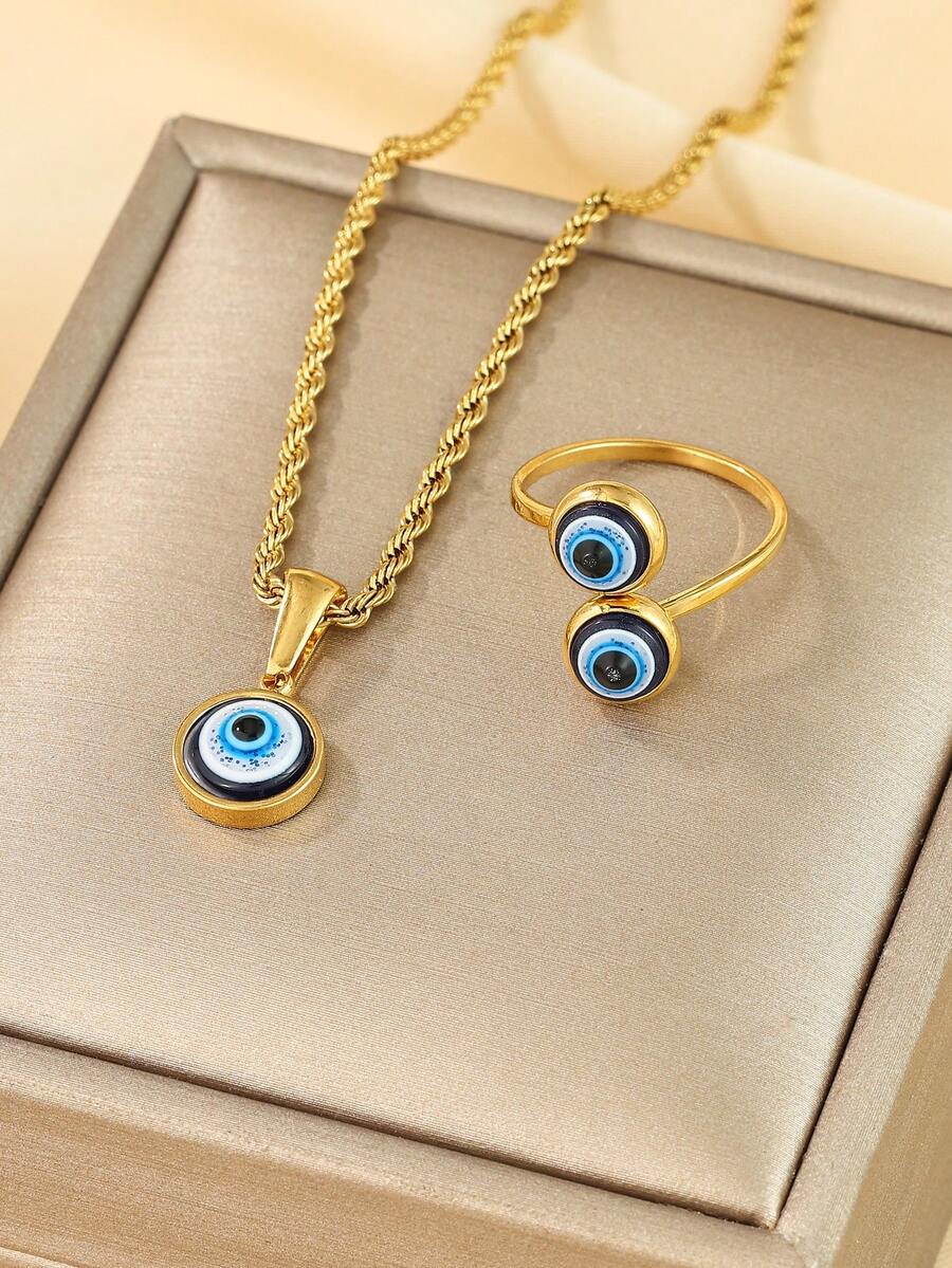 SHEIN طقم قلادة وخاتم عين شريرة ستانلس ستيل