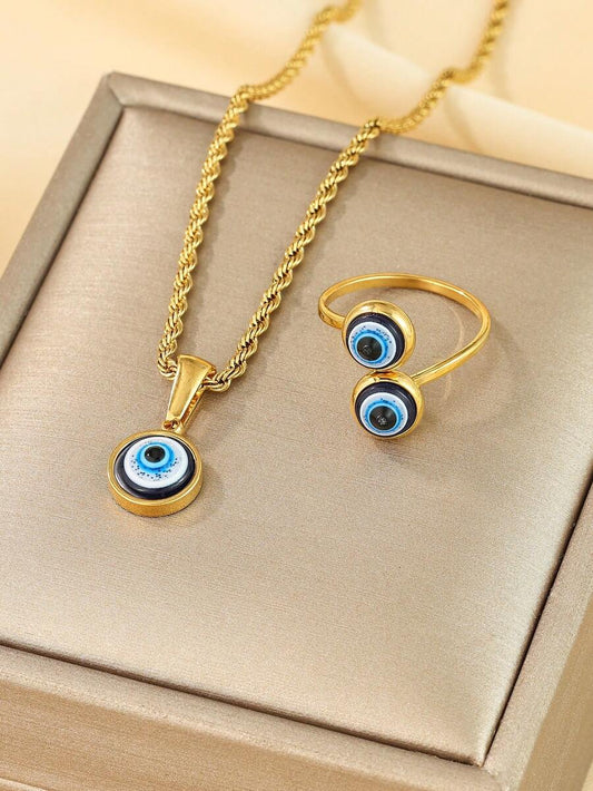 SHEIN طقم قلادة وخاتم عين شريرة ستانلس ستيل