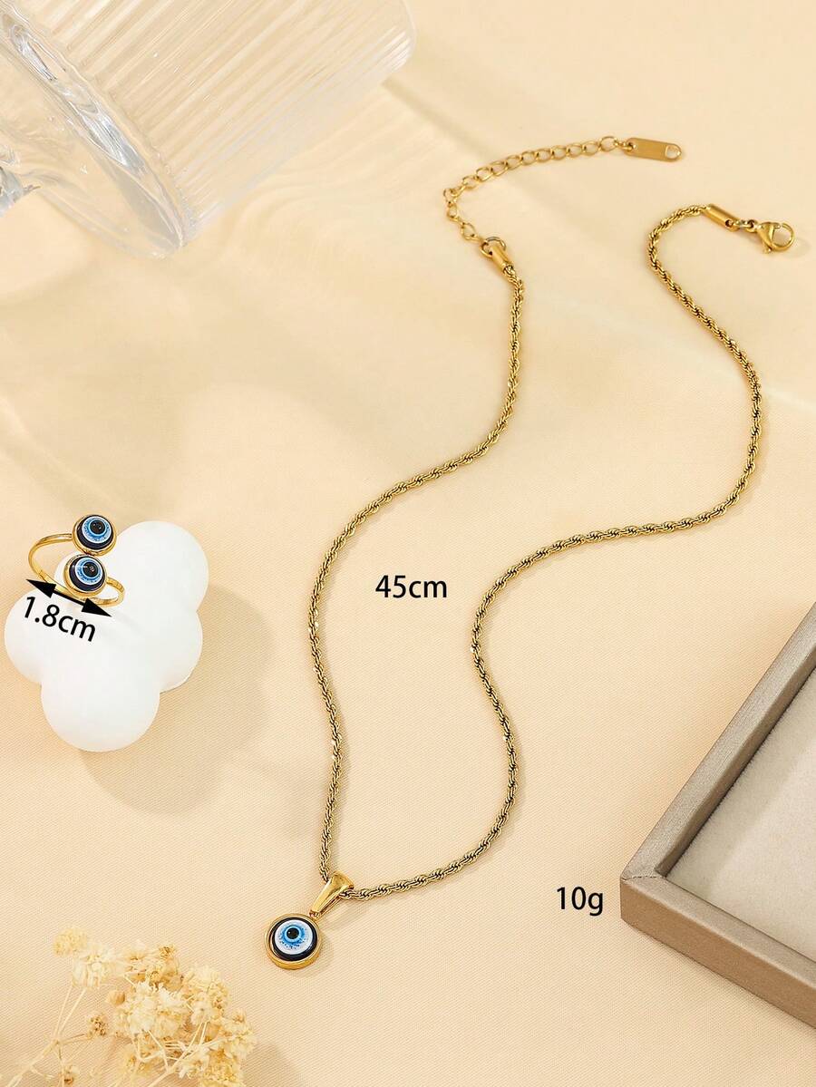 SHEIN طقم قلادة وخاتم عين شريرة ستانلس ستيل