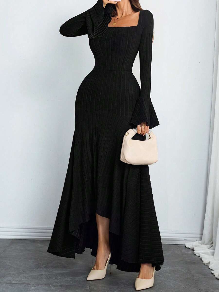 SHEIN فستان اسود فرنسي رجعي بأكمام بتلة وتنورة كبيرة