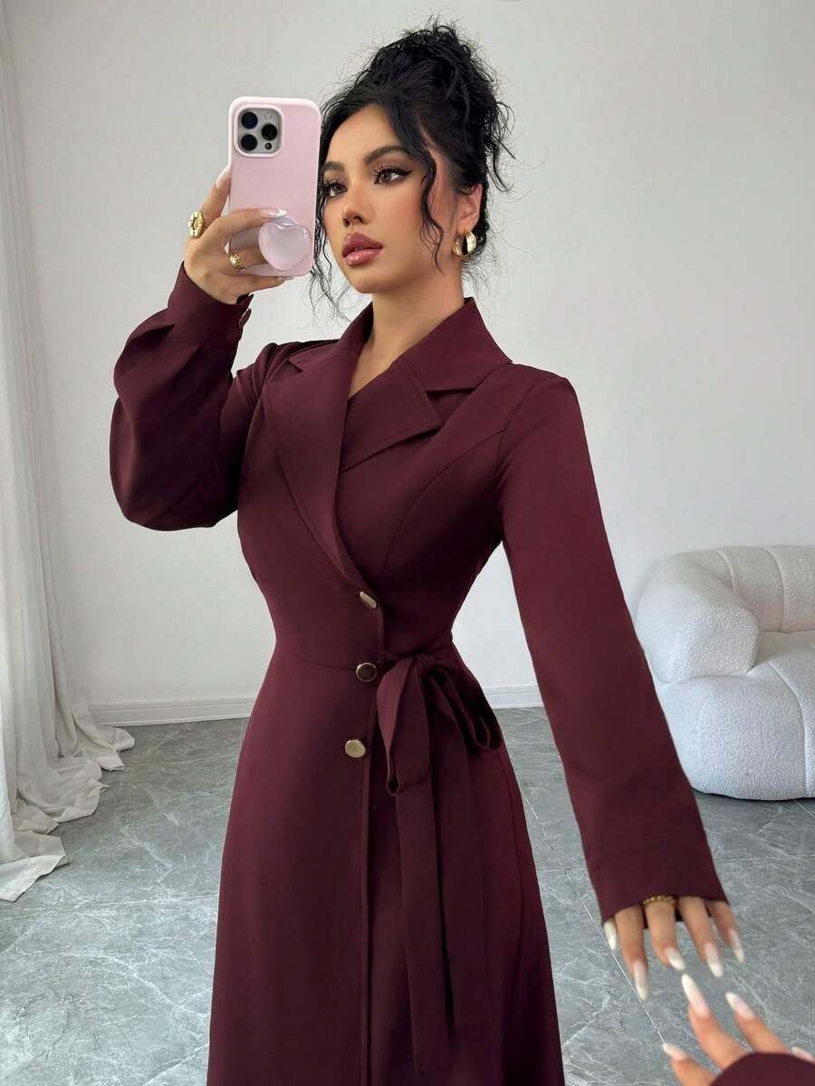 SHEIN Elenzga فساتين عنابي طويل أنيق