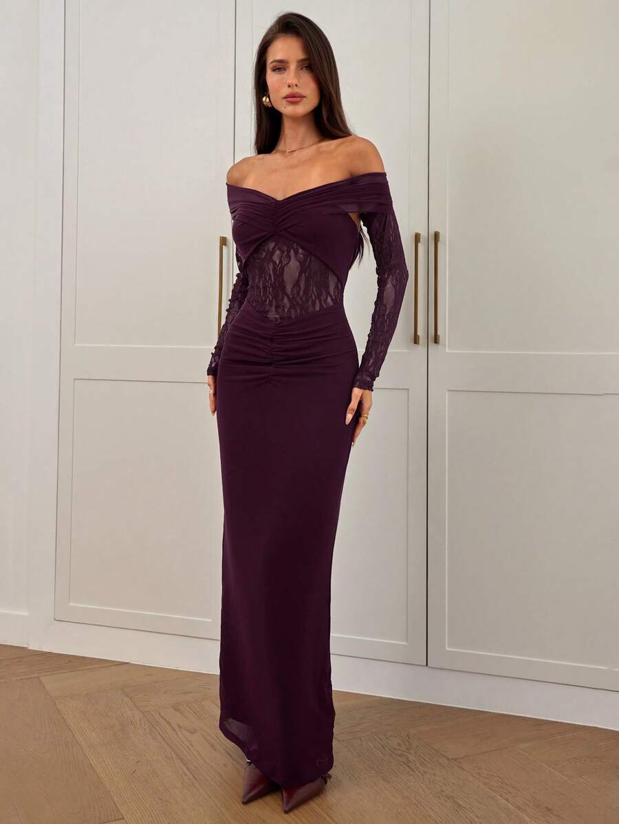 SHEIN Aloruh فستان عنابي بأكمام طويلة وياقة مكشوفة الكتف