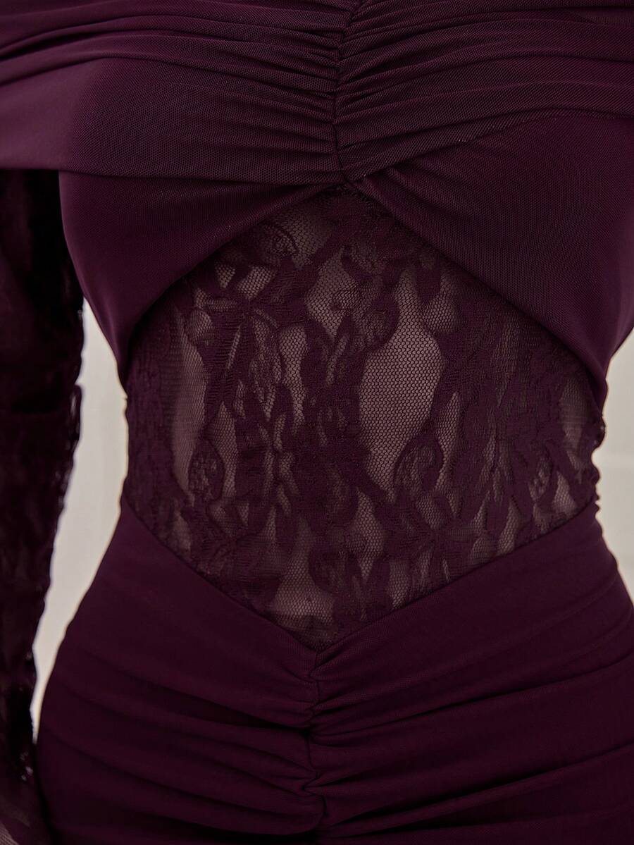 SHEIN Aloruh فستان عنابي بأكمام طويلة وياقة مكشوفة الكتف