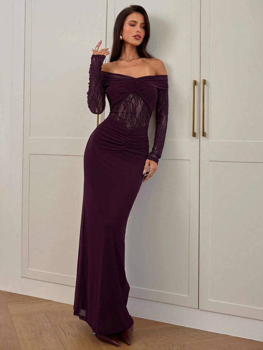 SHEIN Aloruh فستان عنابي بأكمام طويلة وياقة مكشوفة الكتف