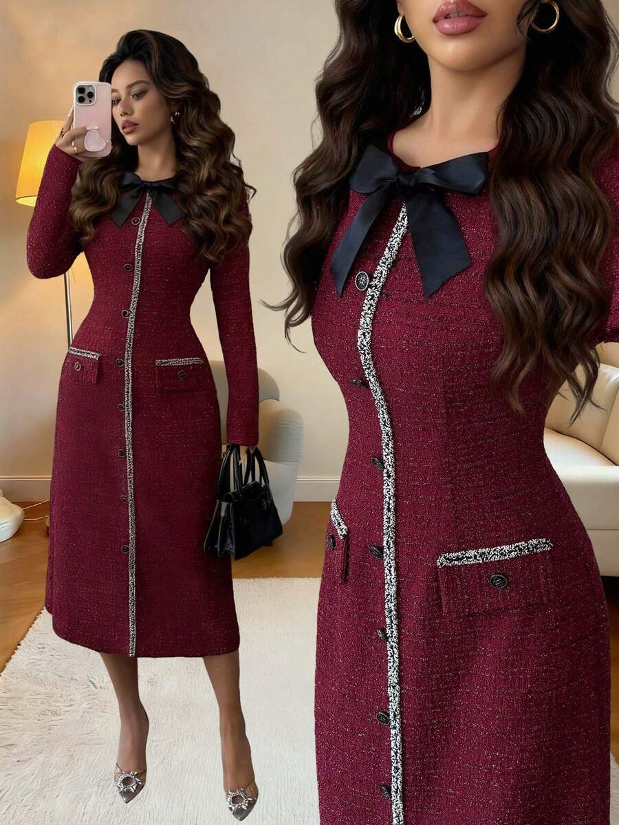 SHEIN Elenzga فستان كاجوال متوسط الطول بياقة دائرية وخصر مشدود