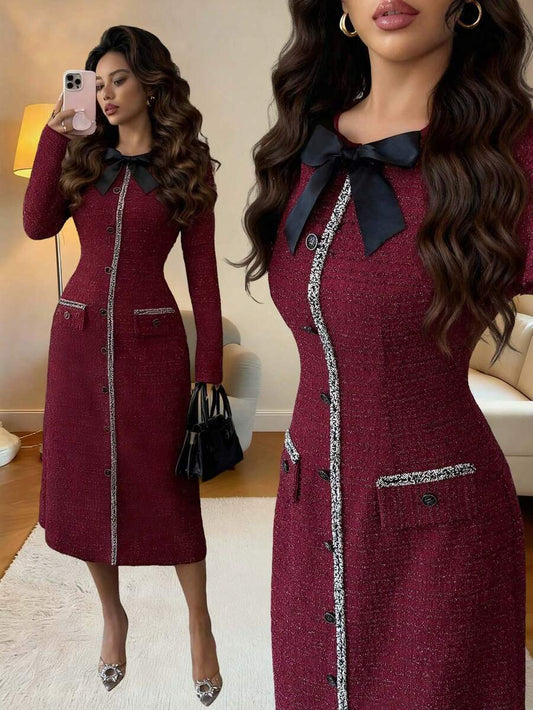 SHEIN Elenzga فستان كاجوال متوسط الطول بياقة دائرية وخصر مشدود