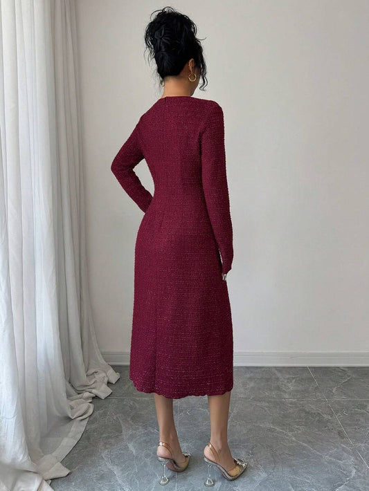 SHEIN Elenzga فستان كاجوال متوسط الطول بياقة دائرية وخصر مشدود