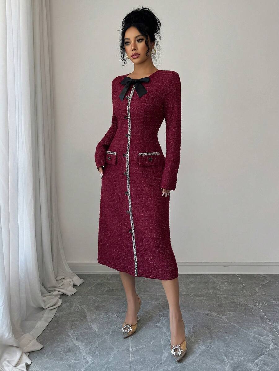 SHEIN Elenzga فستان كاجوال متوسط الطول بياقة دائرية وخصر مشدود