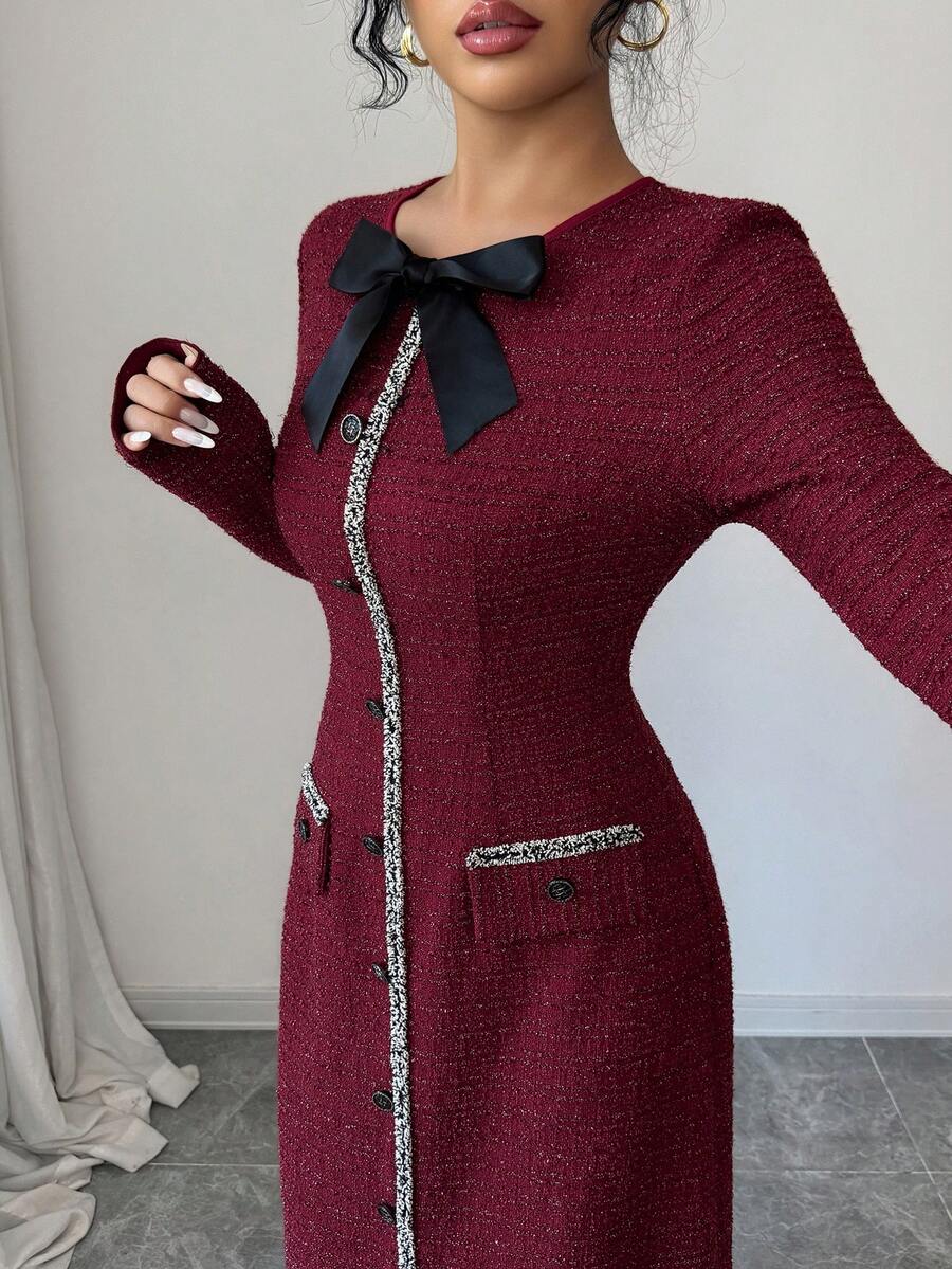 SHEIN Elenzga فستان كاجوال متوسط الطول بياقة دائرية وخصر مشدود