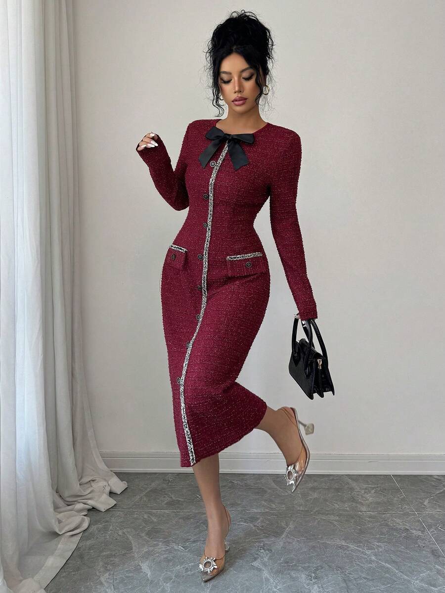 SHEIN Elenzga فستان كاجوال متوسط الطول بياقة دائرية وخصر مشدود