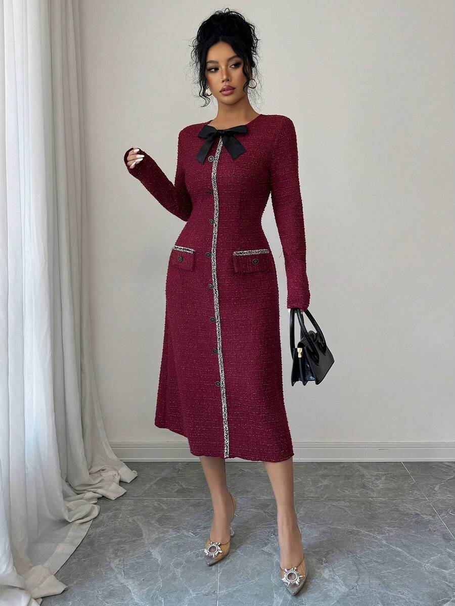 SHEIN Elenzga فستان كاجوال متوسط الطول بياقة دائرية وخصر مشدود