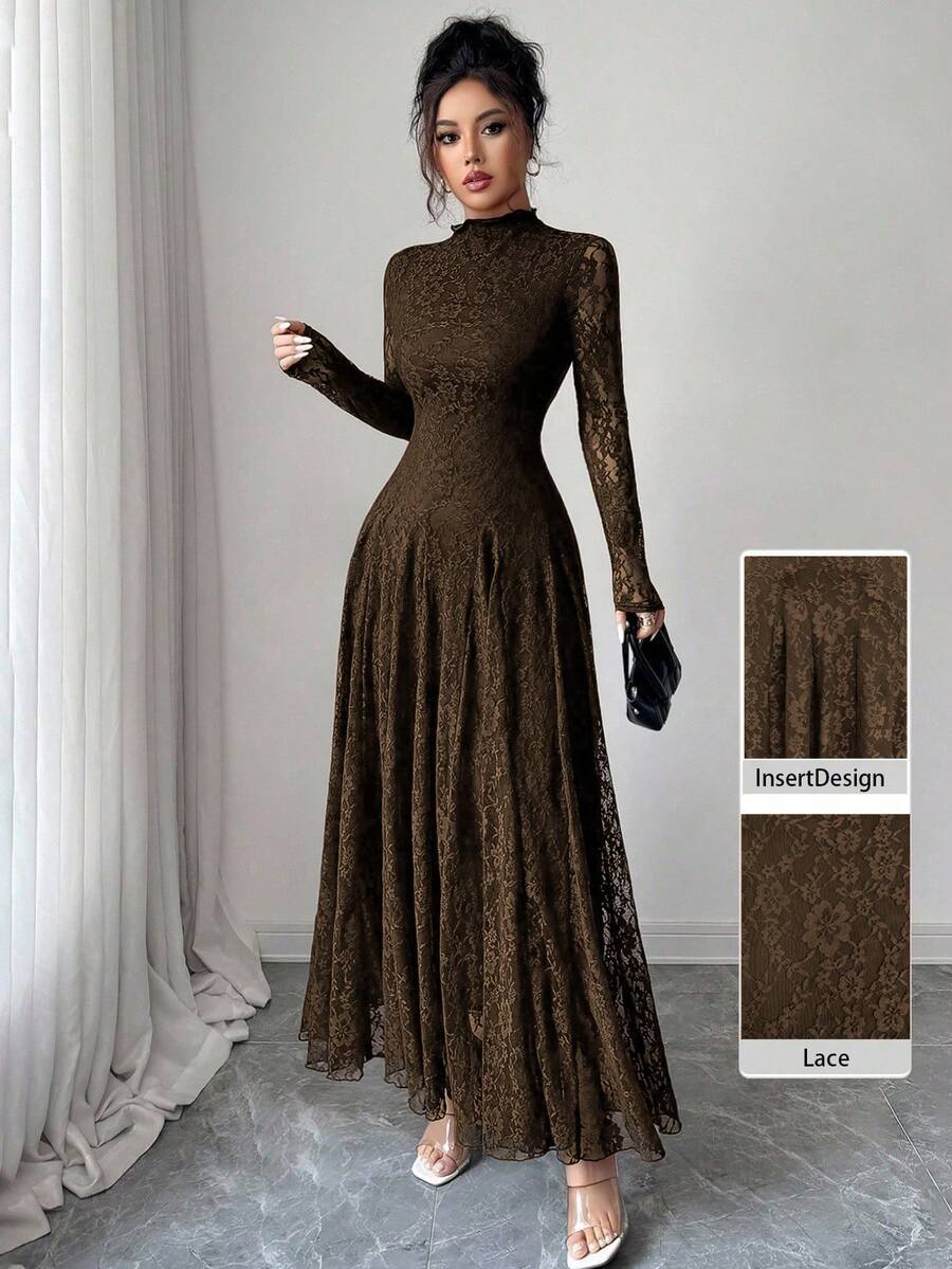 SHEIN Modelyn فستان بني بياقة عالية وخصر مشدود بالدانتيل