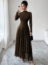 SHEIN Modelyn فستان بني بياقة عالية وخصر مشدود بالدانتيل