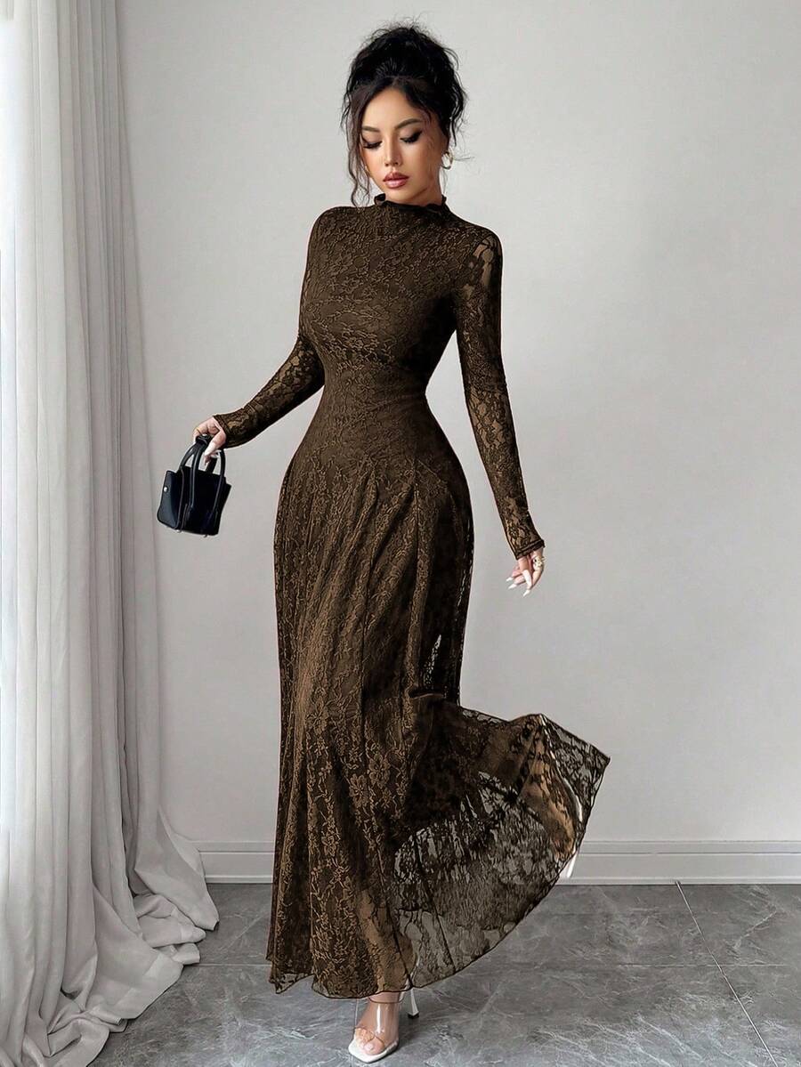SHEIN Modelyn فستان بني بياقة عالية وخصر مشدود بالدانتيل