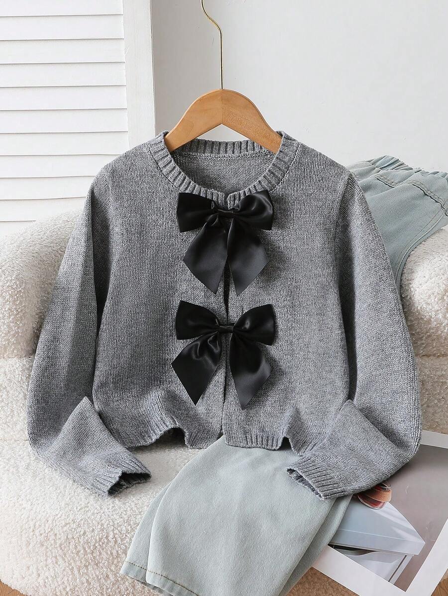 SHEIN Explorewe كارديجان مصنوع يدويًا للبنات بأكمام طويلة وفيونكة أنيقة