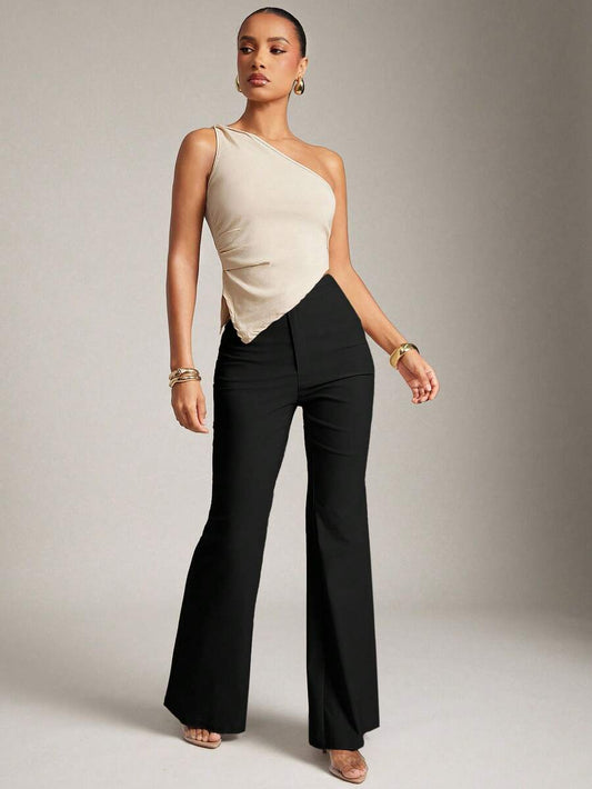 SHEIN Hauture بنطال رسمي أسود بخصر مرتفع وقصة واسعة من الأسفل