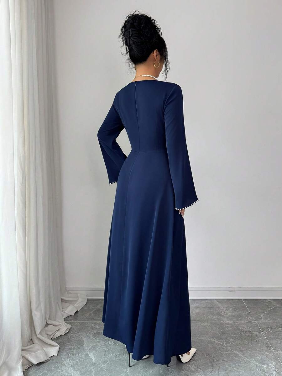 SHEIN Elenzga فستان حفلة أزرق بأكمام طويلة وخصر مشدود