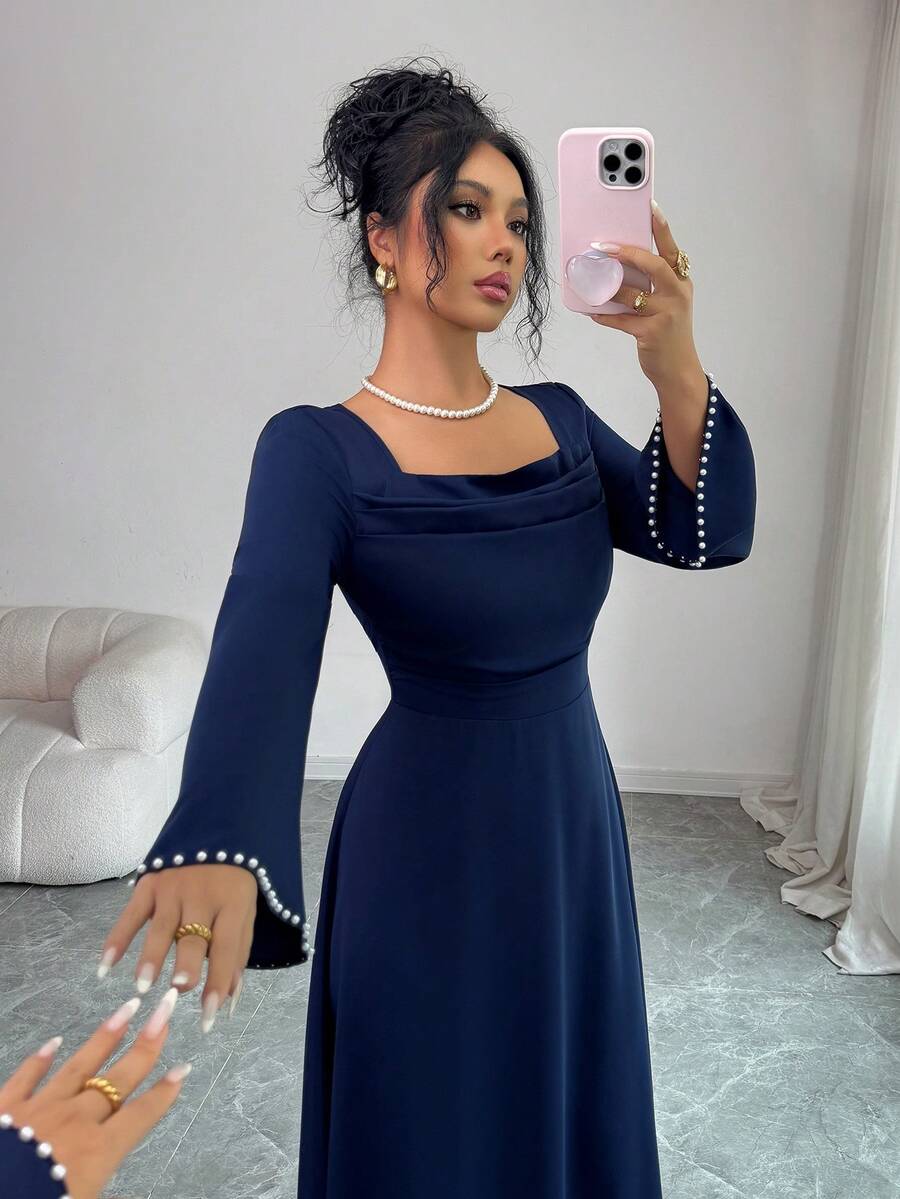 SHEIN Elenzga فستان حفلة أزرق بأكمام طويلة وخصر مشدود