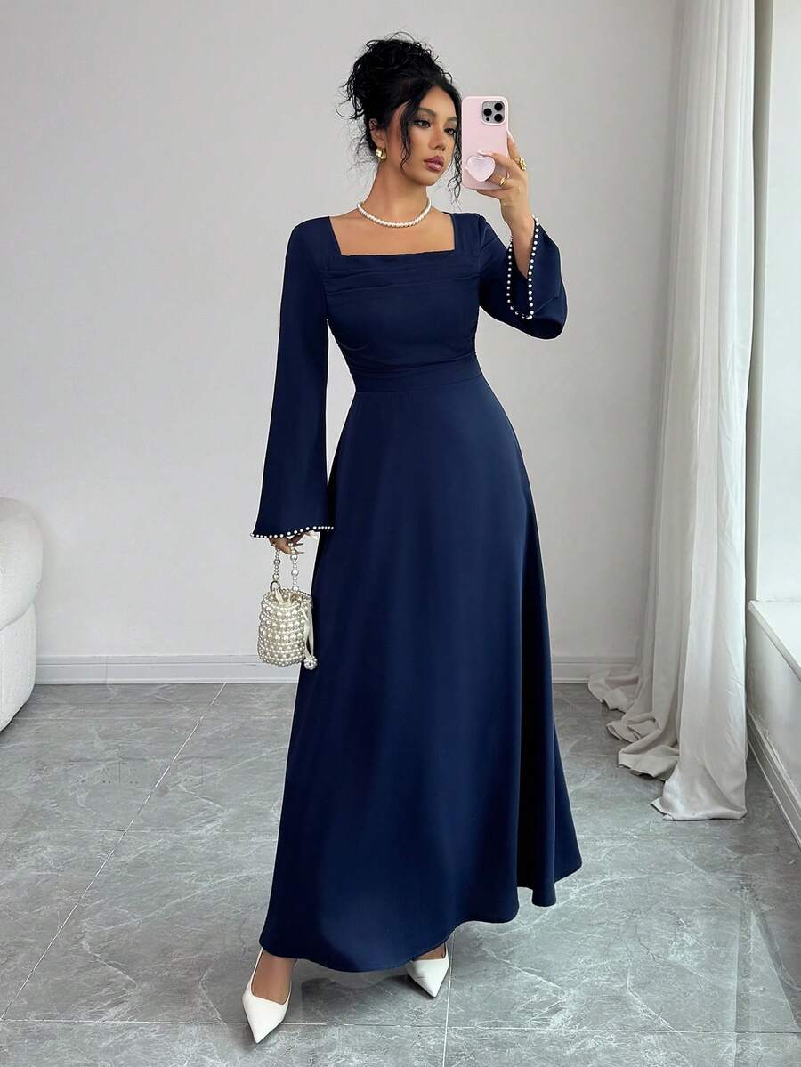 SHEIN Elenzga فستان حفلة أزرق بأكمام طويلة وخصر مشدود