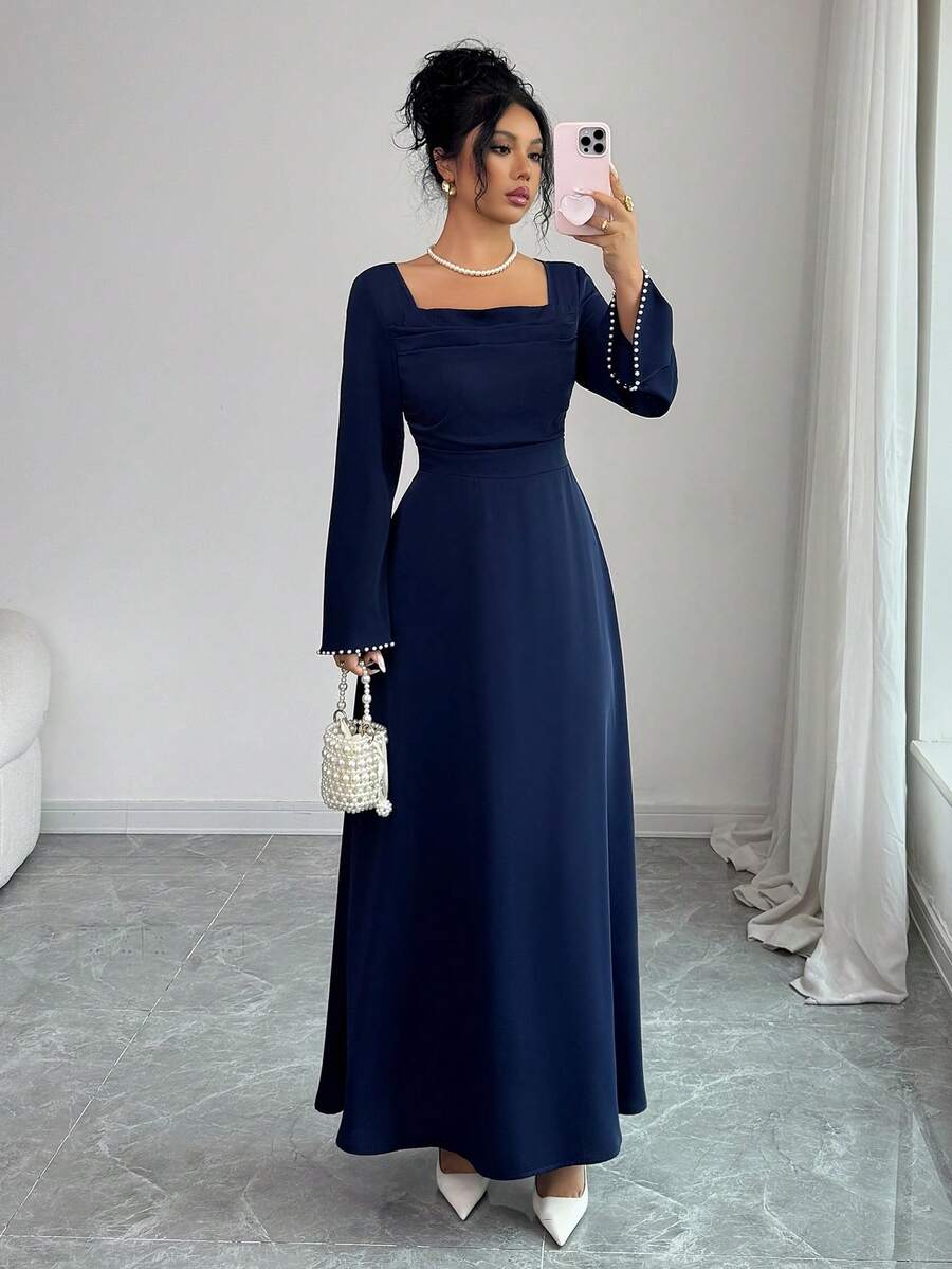 SHEIN Elenzga فستان حفلة أزرق بأكمام طويلة وخصر مشدود