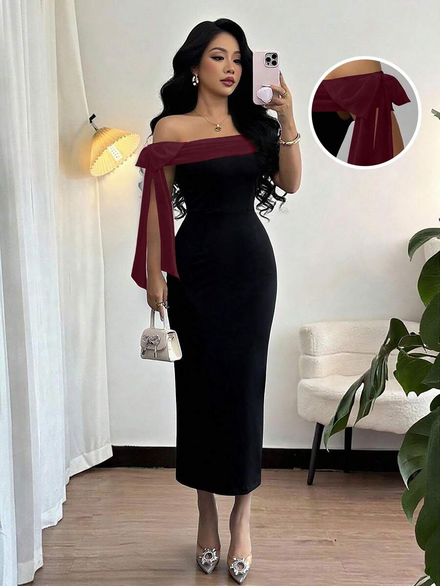 SHEIN Rafferiza فستان طويل بفتحة كتف وزخرفة فيونكة