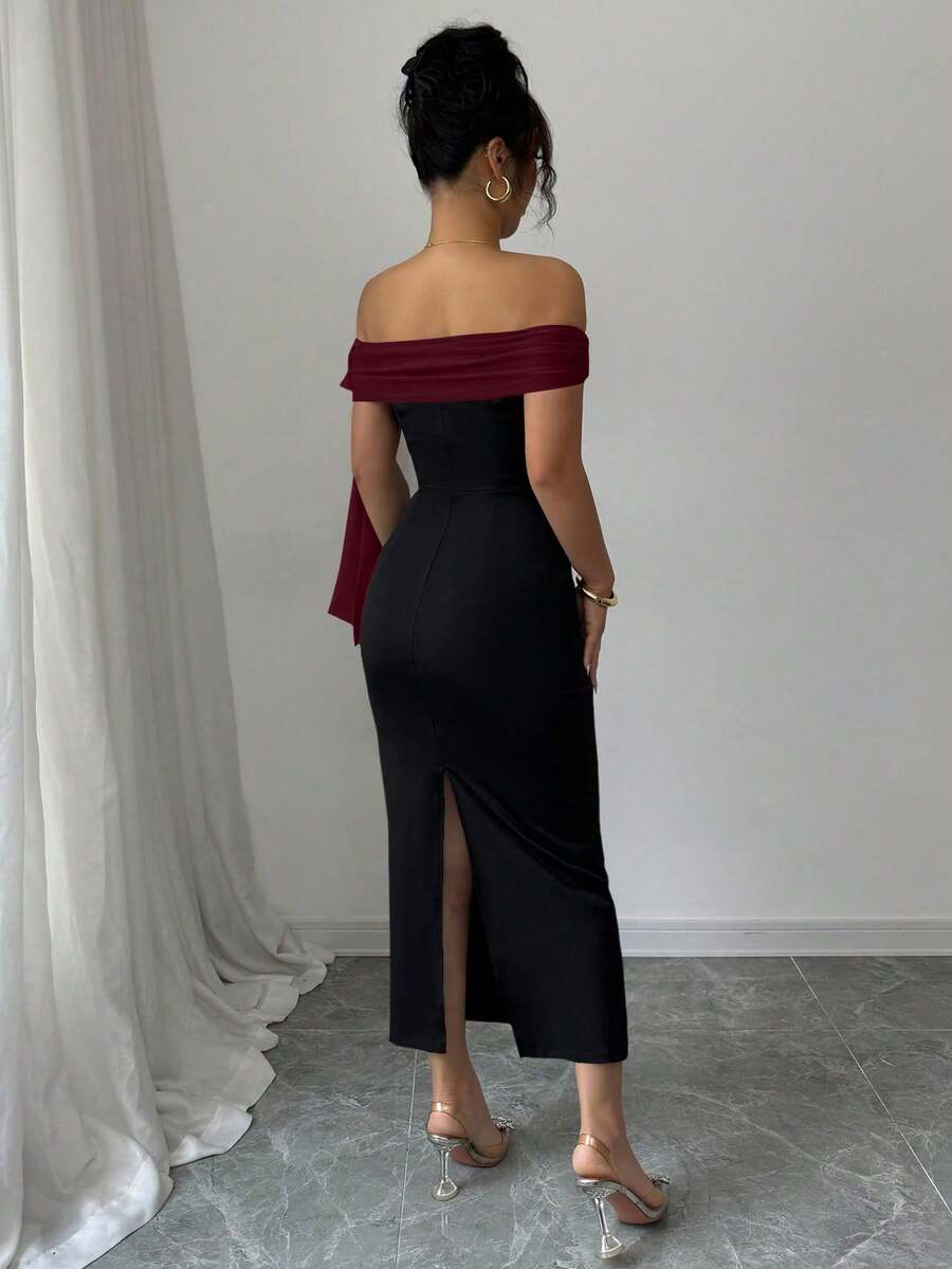 SHEIN Rafferiza فستان طويل بفتحة كتف وزخرفة فيونكة