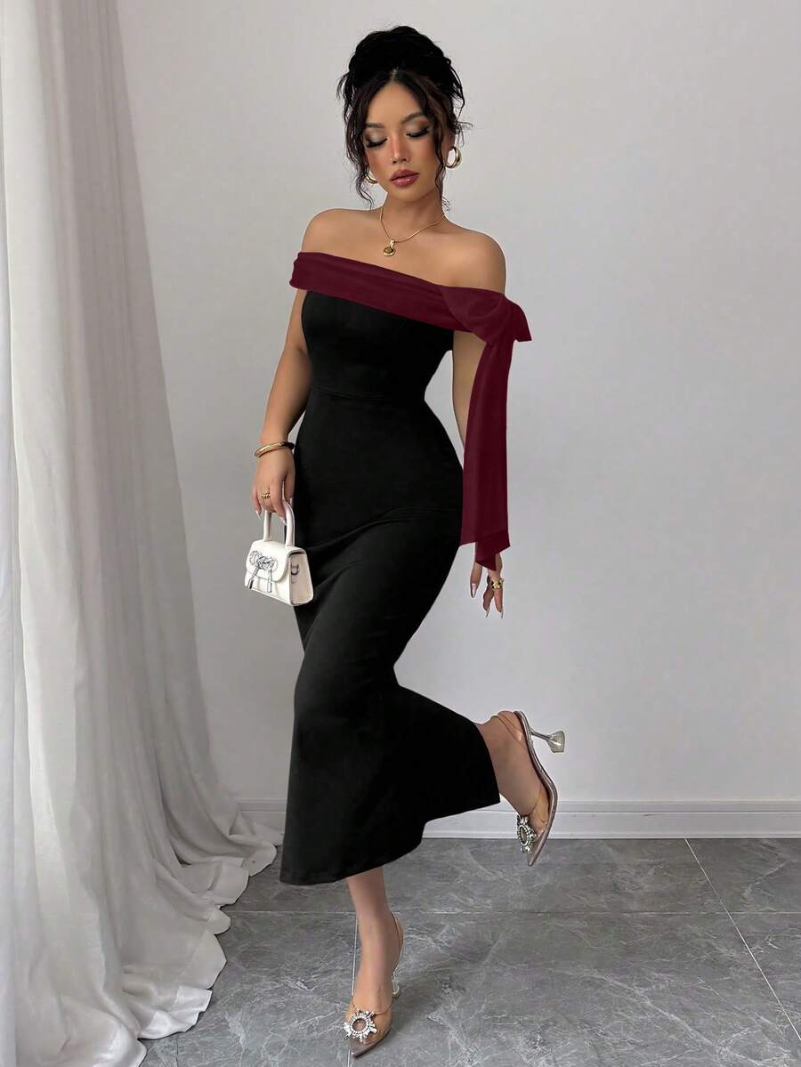 SHEIN Rafferiza فستان طويل بفتحة كتف وزخرفة فيونكة