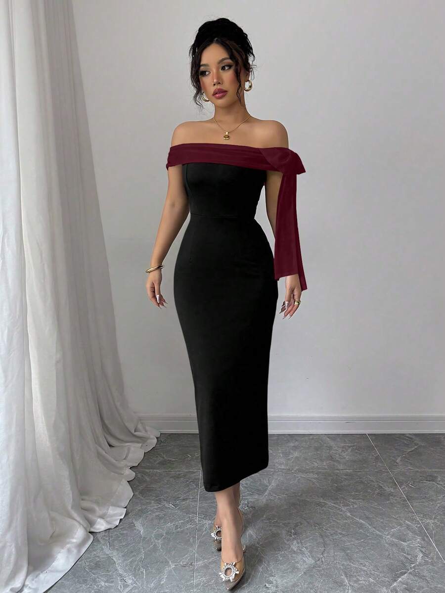 SHEIN Rafferiza فستان طويل بفتحة كتف وزخرفة فيونكة