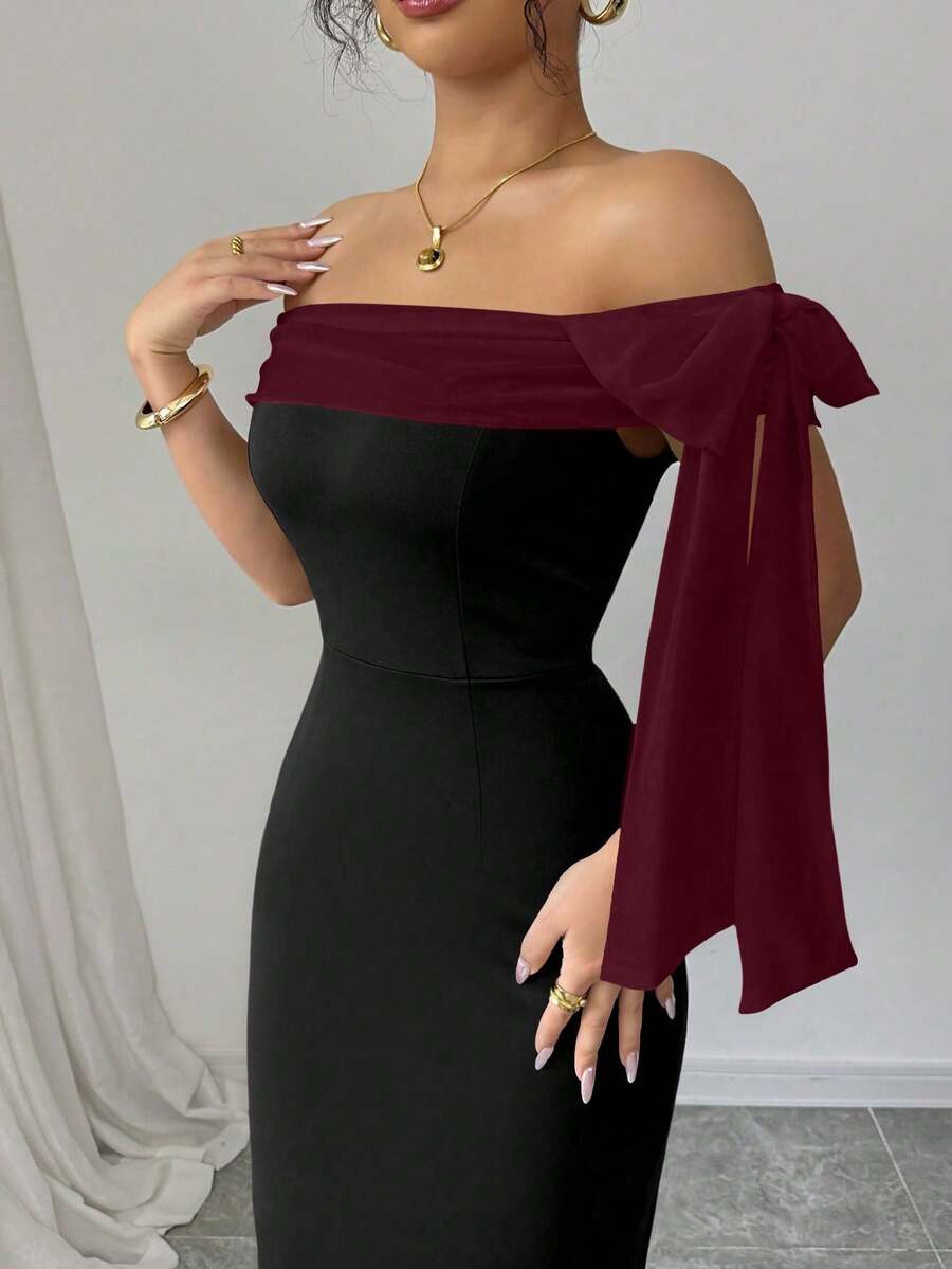 SHEIN Rafferiza فستان طويل بفتحة كتف وزخرفة فيونكة