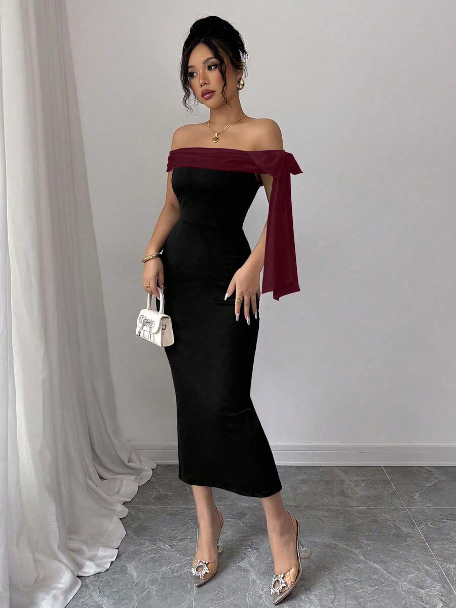 SHEIN Rafferiza فستان طويل بفتحة كتف وزخرفة فيونكة