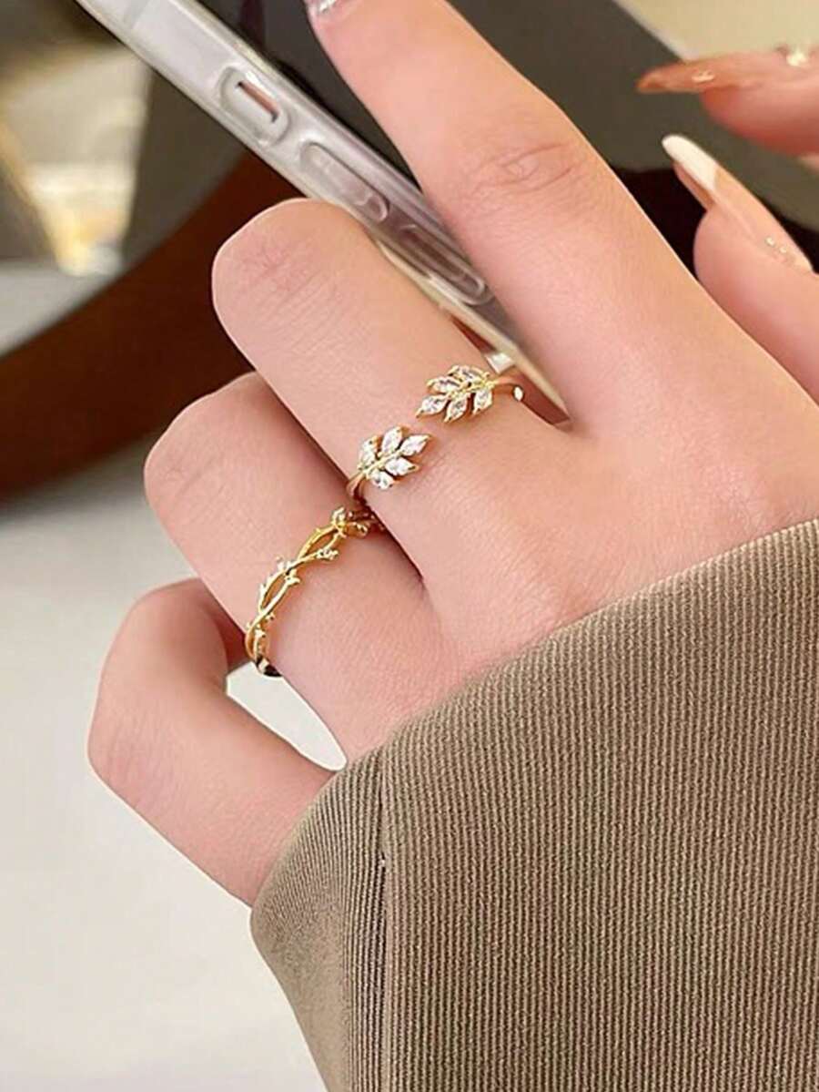 SHEIN طقم 5 خواتم نحاسية بتصميم ورقي رقيق مزينة زركونيا