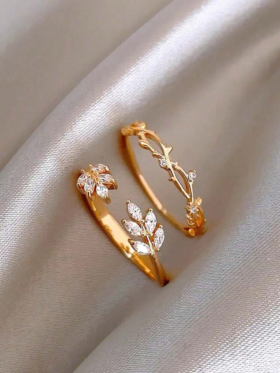 SHEIN طقم 5 خواتم نحاسية بتصميم ورقي رقيق مزينة زركونيا