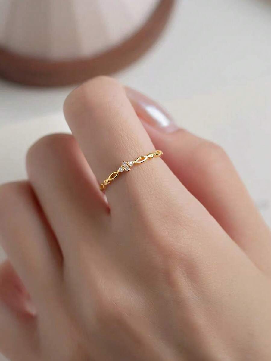 SHEIN طقم 5 خواتم نحاسية بتصميم ورقي رقيق مزينة زركونيا