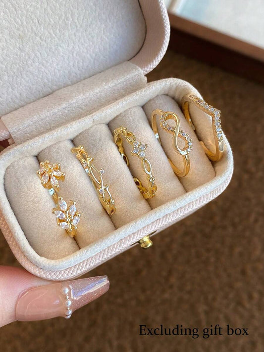 SHEIN طقم 5 خواتم نحاسية بتصميم ورقي رقيق مزينة زركونيا