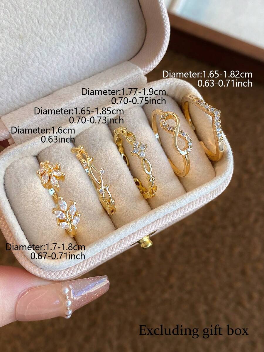 SHEIN طقم 5 خواتم نحاسية بتصميم ورقي رقيق مزينة زركونيا