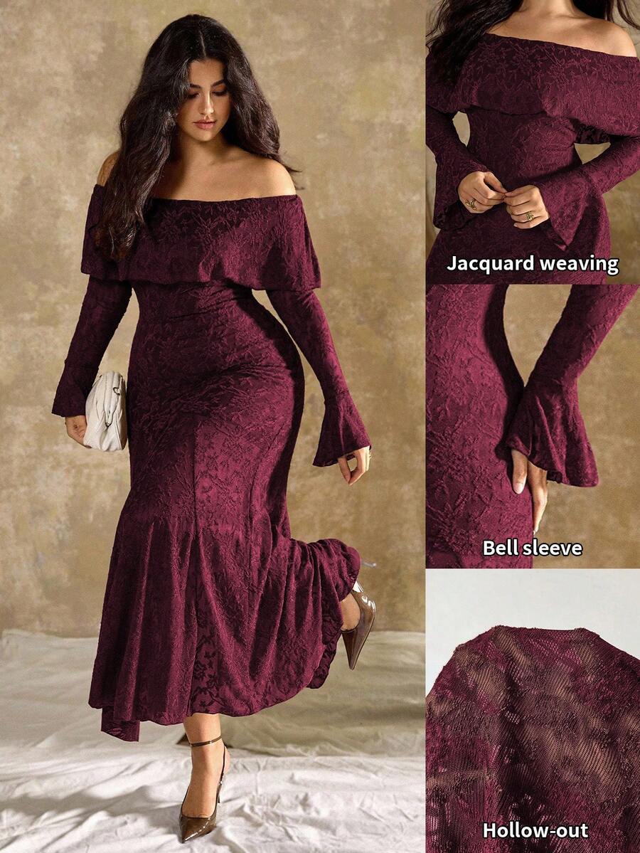 SHEIN Roveilla فستان للمقاسات الكبيرة بطبعة زهور مكشوف الكتف بأكمام طويلة