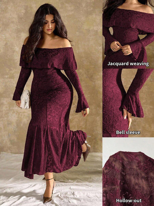 SHEIN Roveilla فستان للمقاسات الكبيرة بطبعة زهور مكشوف الكتف بأكمام طويلة
