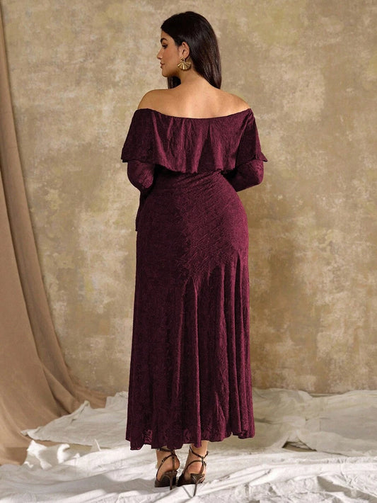 SHEIN Roveilla فستان للمقاسات الكبيرة بطبعة زهور مكشوف الكتف بأكمام طويلة