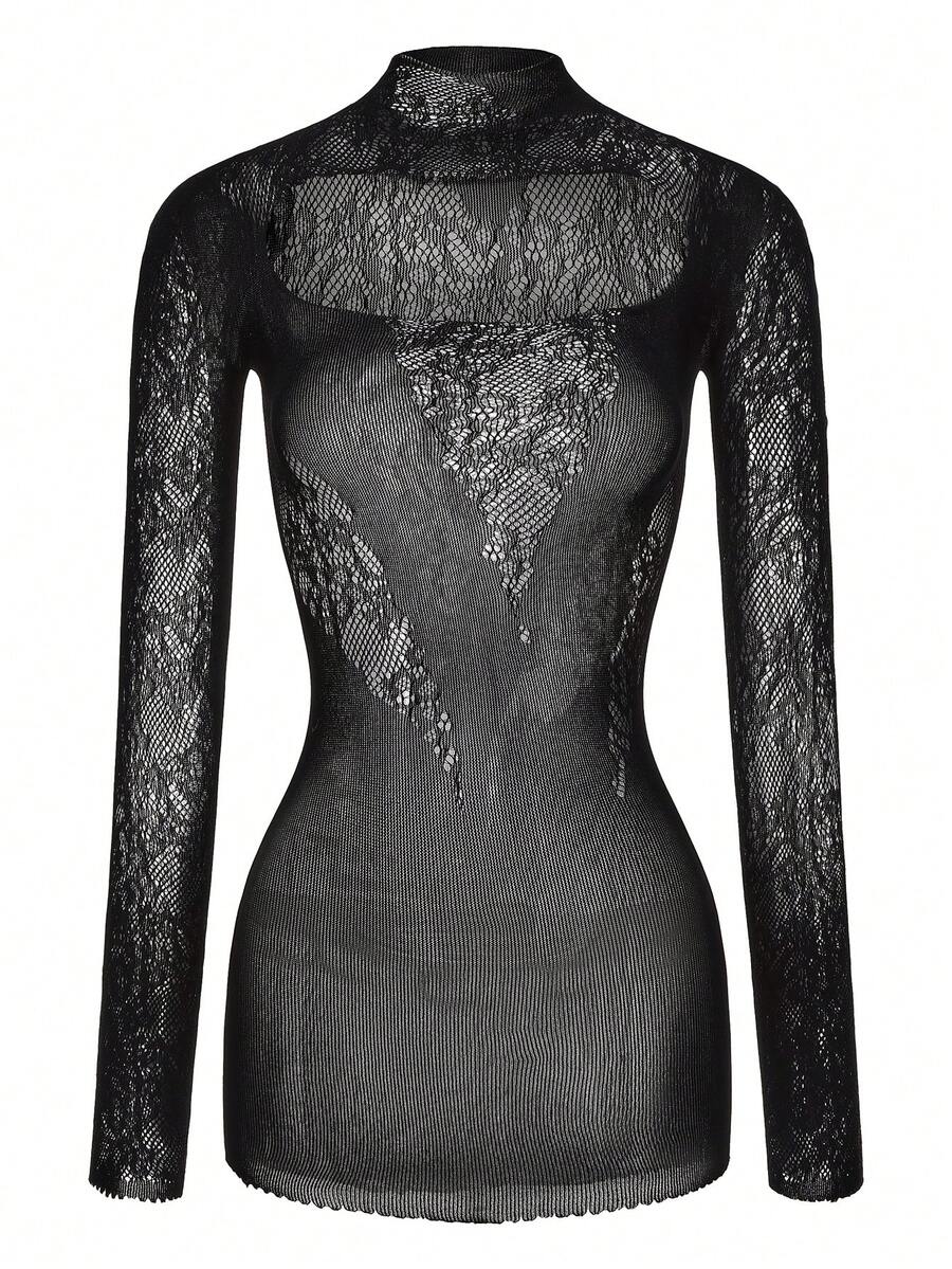 SHEIN ChaseTheNight فستان أسود ضيق بأكمام طويلة شبه شفاف